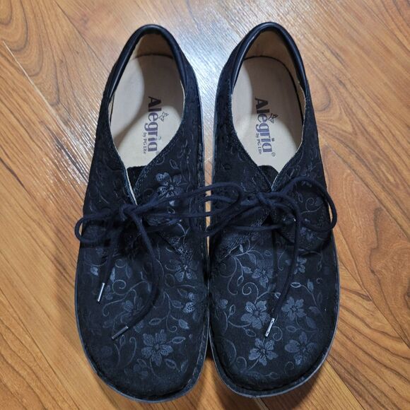Alegria Shoes - Alegria Brenna Bree Stroll Black Floral Embossed Rocker Suede Shoes 42 11.5 12